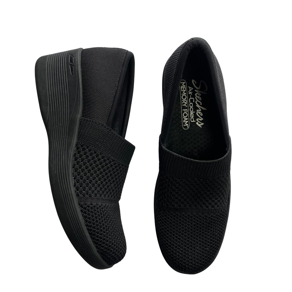 Skechers Size 7.5 Pier Lite Slip On Black Knit Wedge Memory Foam Shoes 158410